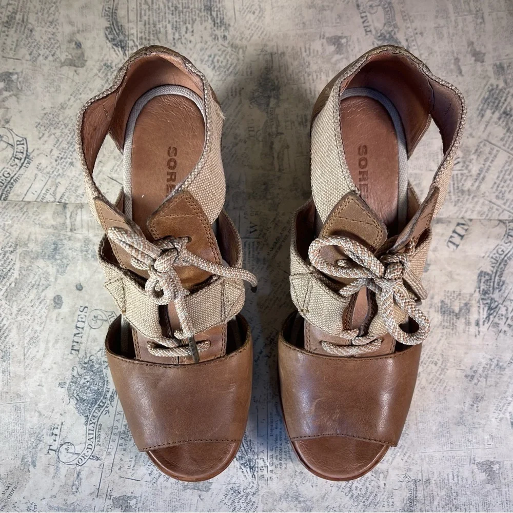 SOREL Joanie Lace Up Wedge Sandals Leather Canvas Comfort Shoes